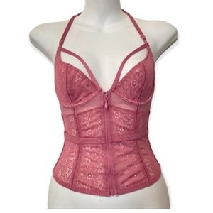 VICTORIA’S SECRET 32C FRONT ZIP BUSTIER BRA TOP PINK FLORAL LACE LIGHTLY LINED